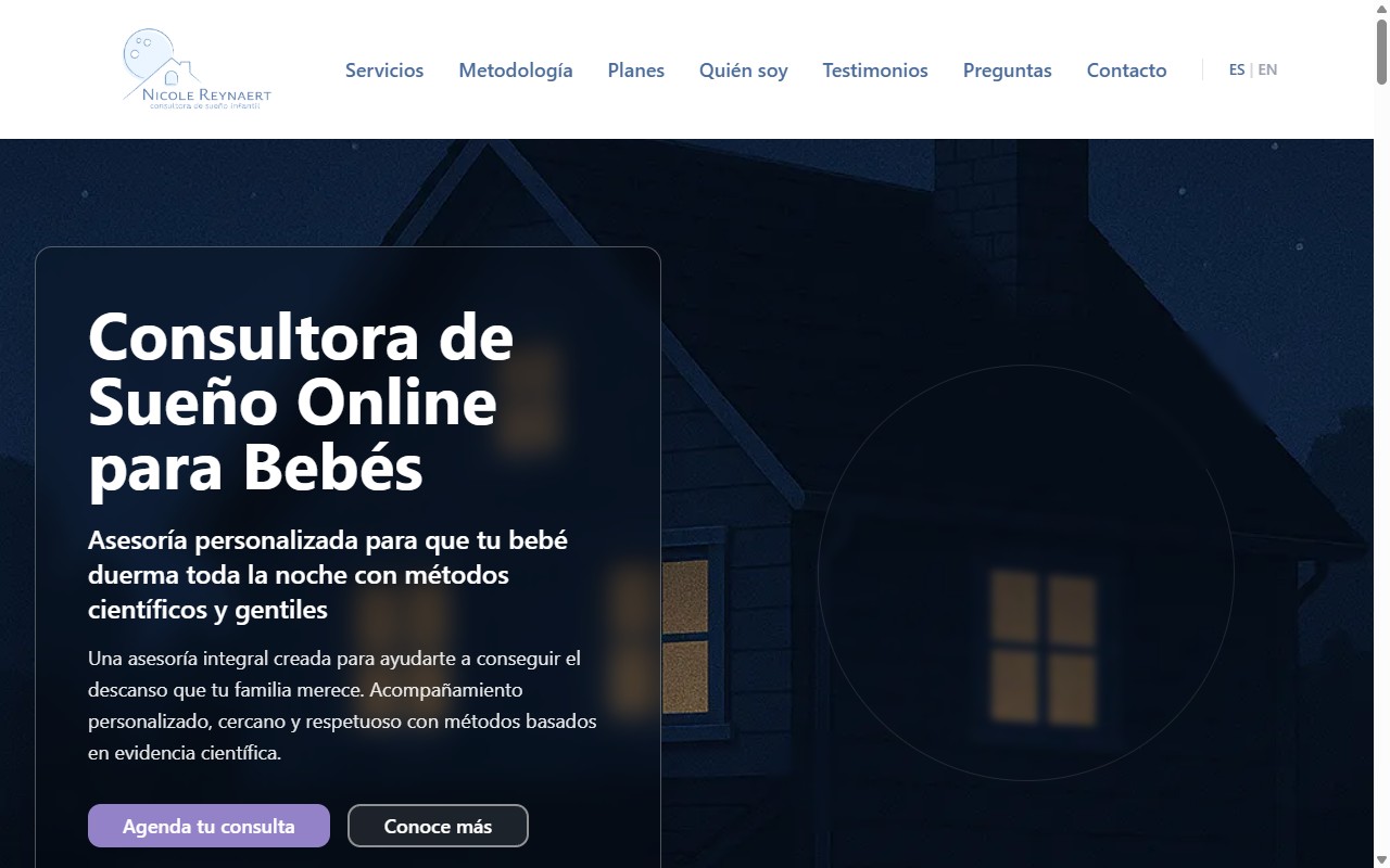 Página web de Nicole Reynaert, consultora de sueño infantil: portada con el titular «Consultora de Sueño Online para Bebés» sobre una ilustración nocturna.